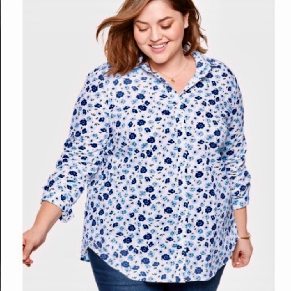NEW long sleeve cotton floral shirt, blue and white
